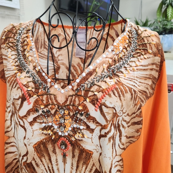 Chico's Orange and Brown Embellished Cap Sleeve Blouse - Picture 2 of 9